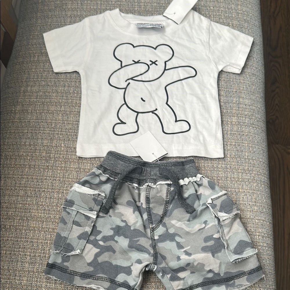 White Bear Graphic Tee and Camouflage Shorts Set